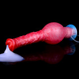 Inflatable equine dildo with pump, red shape with blue flared base and clear tube