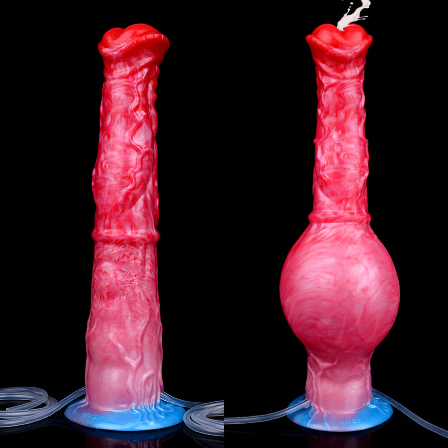 Two views of pink inflatable equine-shaped adult toy: tall shape and inflated bulb base.