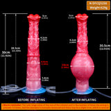 Inflatable equine dildo with pump, size diagram showing red textured shape
