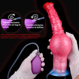 Inflatable equine dildo with air valve and pump tube, held in white gloves