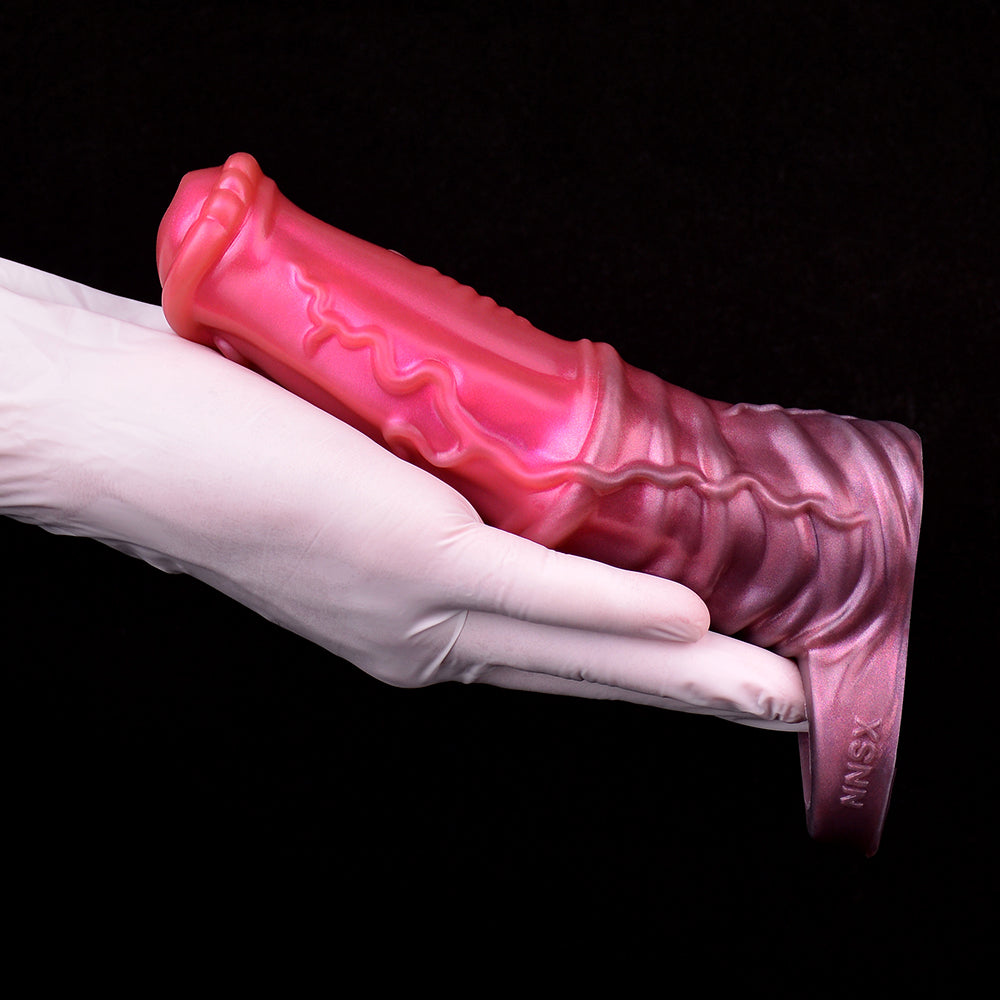 Hodenscheide Rodger, rosa-lila Schaft mit geädertem Muster, Handschuh hält das Teil