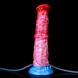 Upright inflatable dildo with red top, pink swirled shaft, blue base and clear hoses