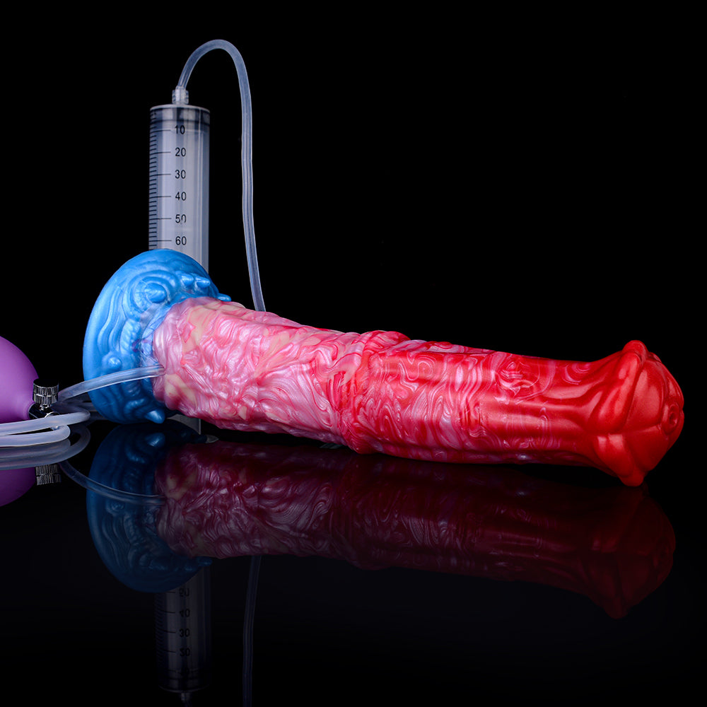Inflatable dildo with measuring scale and clear hose, red-to-pink swirls, blue base