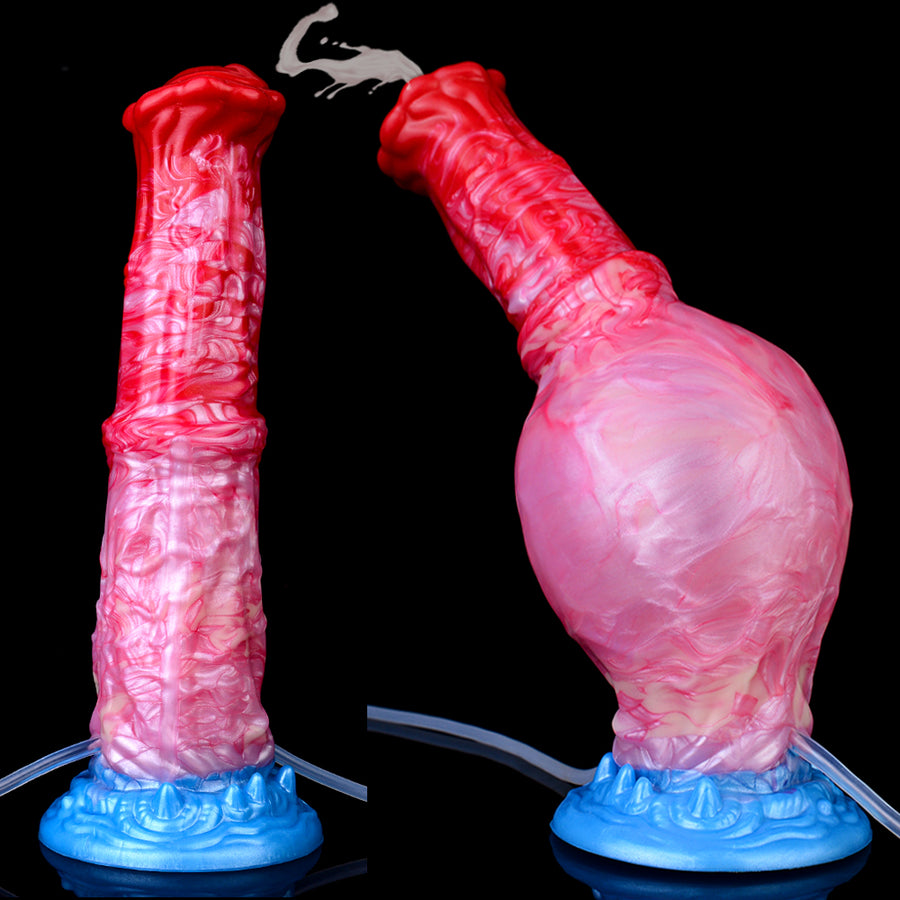 Pair of inflatable dildo toys with red-pink bodies and blue bases, connected by tubes