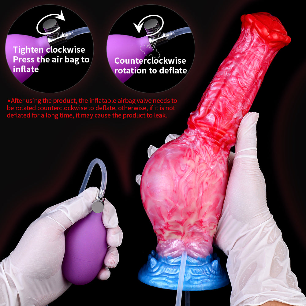 Inflatable dildo with air valve and gloved hands, red-to-pink body and blue base