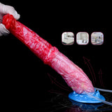 Inflatable dildo angled on blue base with clear hose, red-to-pink swirled texture