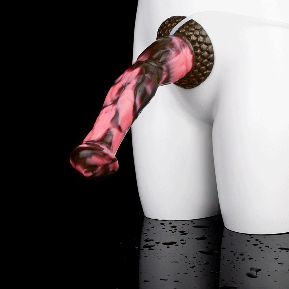 Horse-shaped dildo with suction cup, marbled pink/dark body and textured base