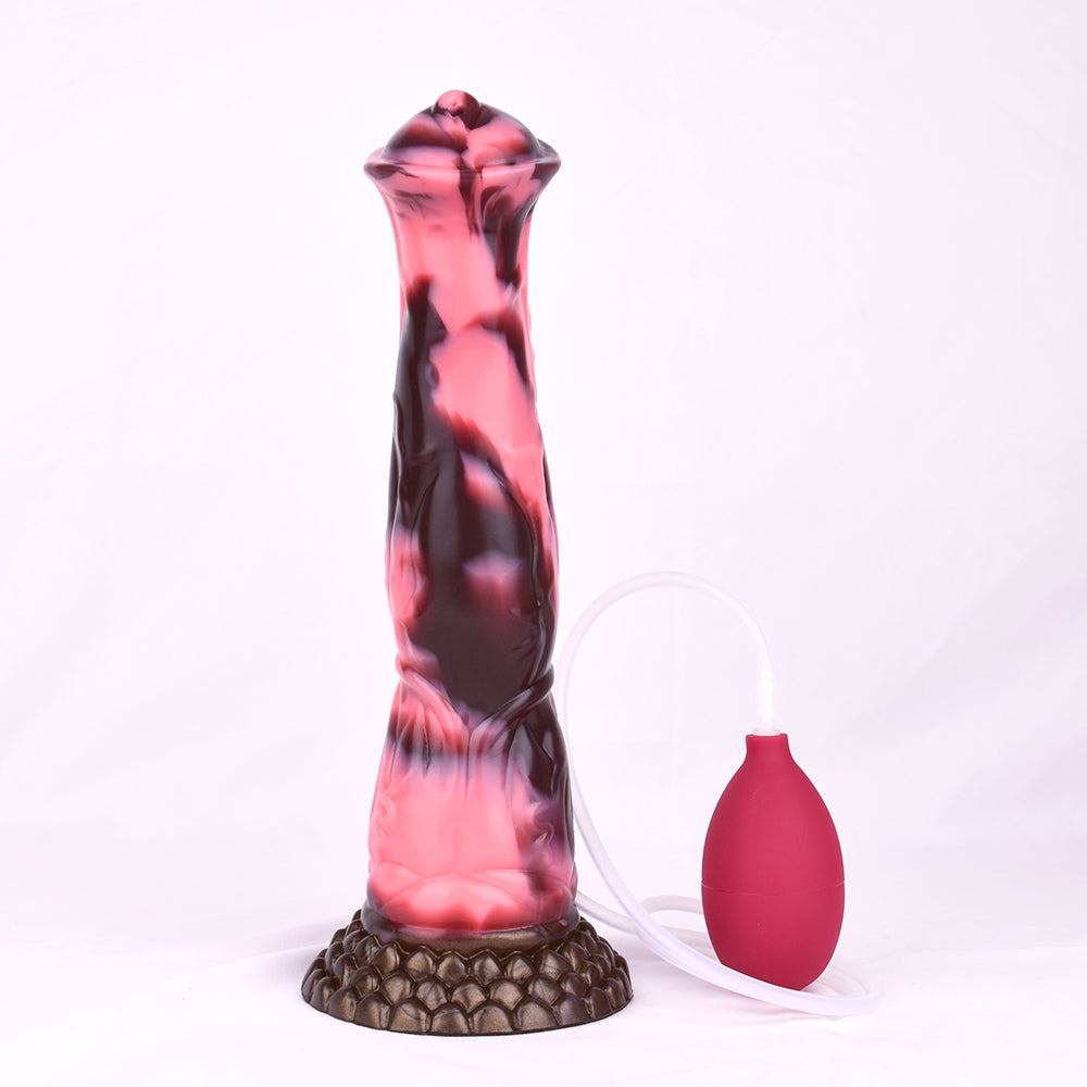 Horse-shaped dildo with marbled pink and dark glossy body, textured base, pink bulb pump