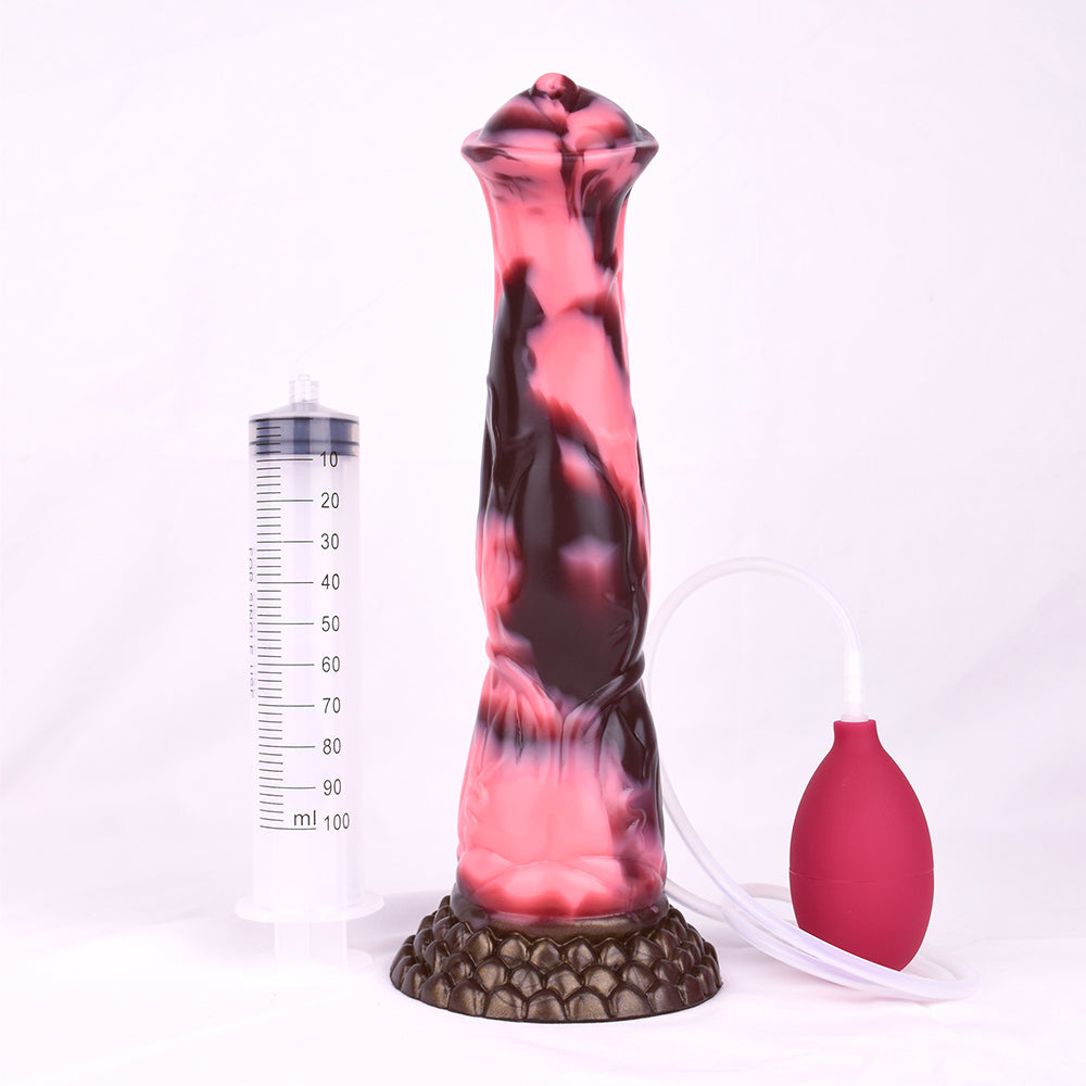 Standing horse-shaped dildo, marbled pink and dark body, textured base, pink bulb and tube