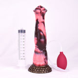 Standing horse-shaped dildo, marbled pink and dark body, textured base, pink bulb and tube