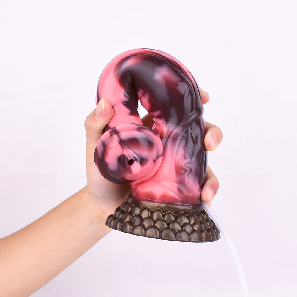 Hand holding horse-shaped dildo, marbled pink and dark, glossy finish, suction base visible