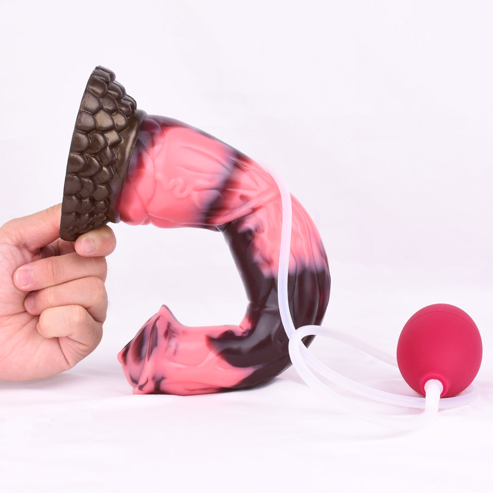 Close-up of horse-shaped dildo base and curve, marbled pink and dark, textured brown base