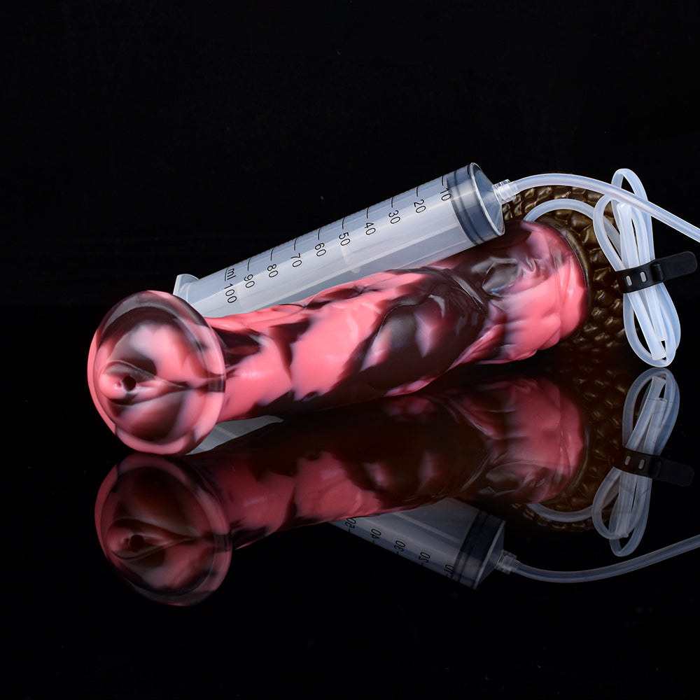 Pink horse dildo with suction base and white tubing, glossy textured surface