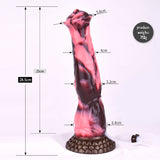 Horse-shaped dildo dimensions: 28.5 cm height, marbled pink/dark body, textured base and tube