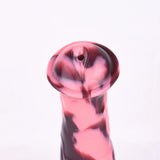 Close-up of horse-shaped dildo head, glossy marbled pink and dark surface