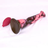 Horse-shaped dildo with textured base and pink bulb pump, marbled pink/dark body