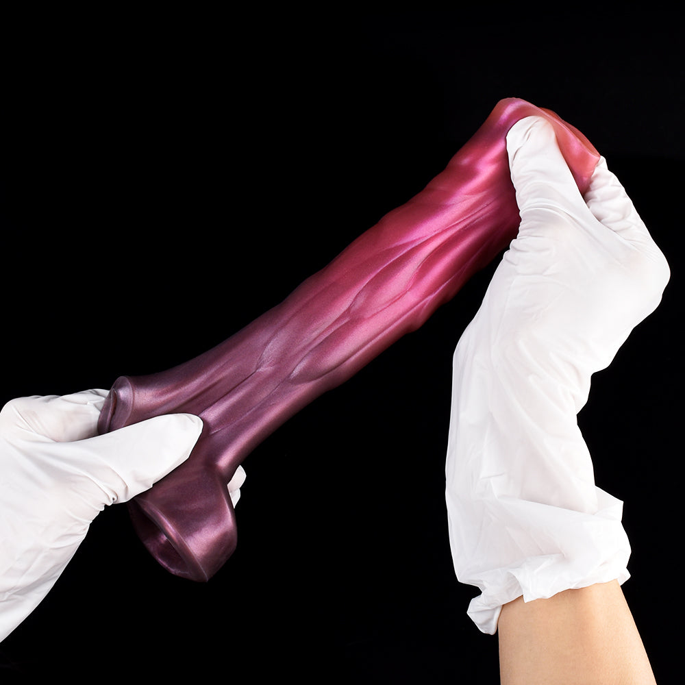 Curved dragon penis sleeve: pink metallic sleeve with white cuff and flared tip