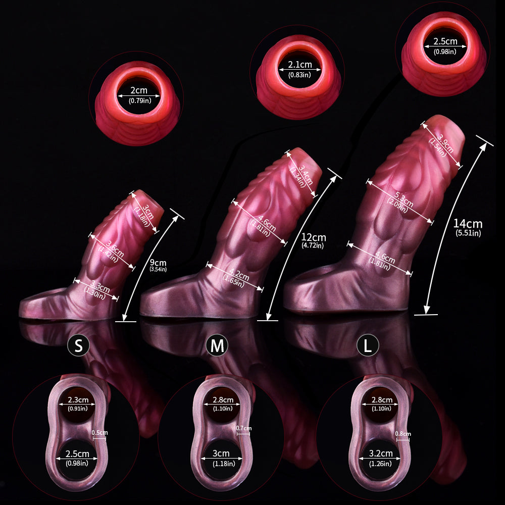 Size chart for curved dragon penis sleeve: S/M/L with height and opening sizes