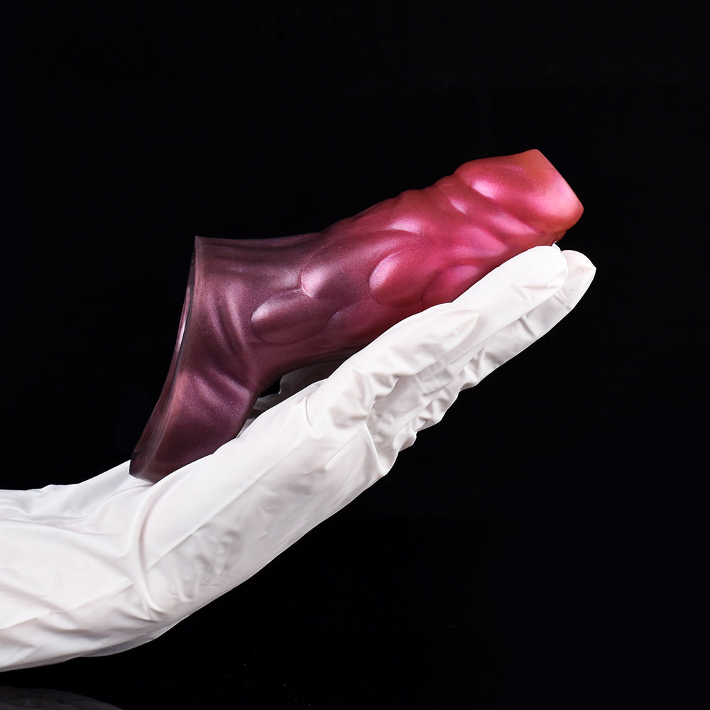 Curved dragon penis sleeve, metallic pink, long curved shape with hollow tip