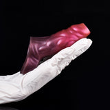 Curved dragon penis sleeve, metallic pink, long curved shape with hollow tip