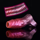 Curved dragon penis sleeve, metallic pink exterior with hollow opening at the end