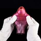 Curved dragon penis sleeve, metallic pink, open rim at tip and wide base