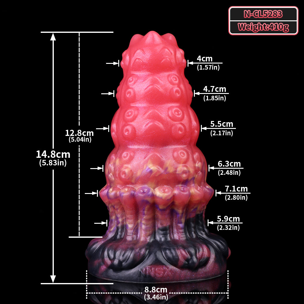 Size diagram: pink ribbed alien butt plug, 14.8 cm length, 4 cm width