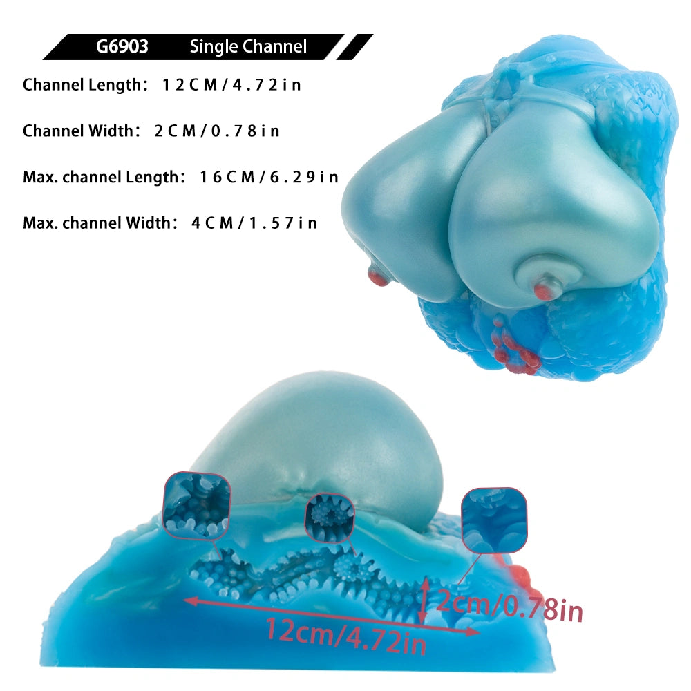 Teal and blue breast-shaped silicone sex toy with side profile