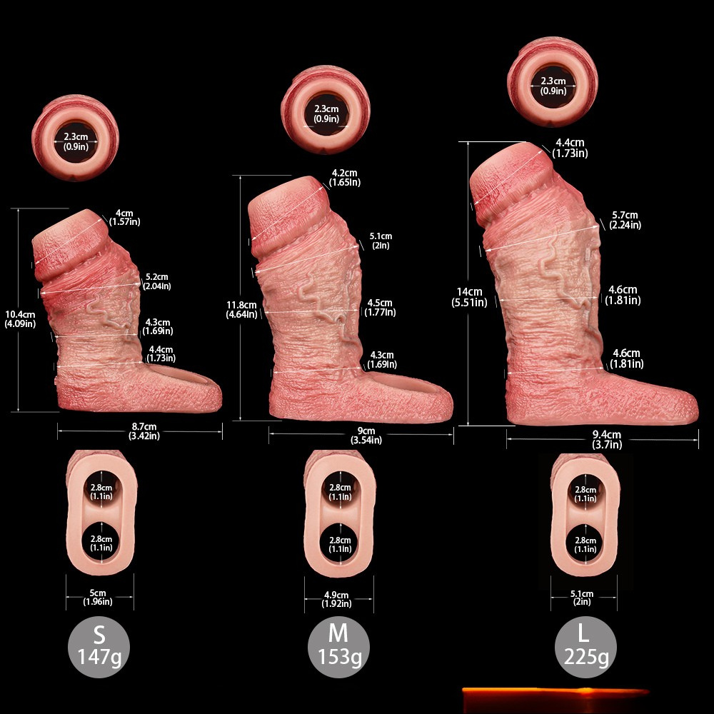 Realistic penis sleeve extender size chart: S, M, L with open-end measurements