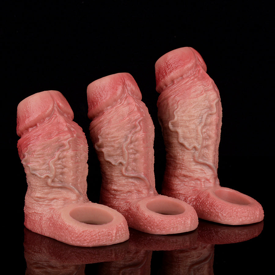 Set of realistic pink penis sleeves with open ends, textured with molded ridges