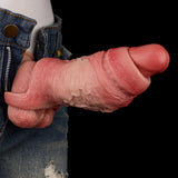 Realistic penis sleeve extender worn, pink textured sleeve with ribbed surface