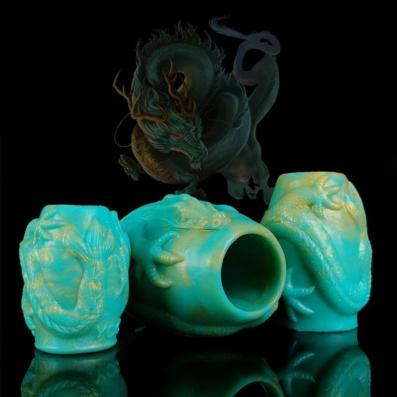Turquoise dragon-knot penis sheath extender with ribbed band and open end