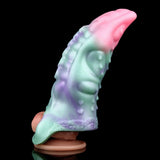 Octopus cock sheath, curved side profile, pastel teal with purple accents and bumps