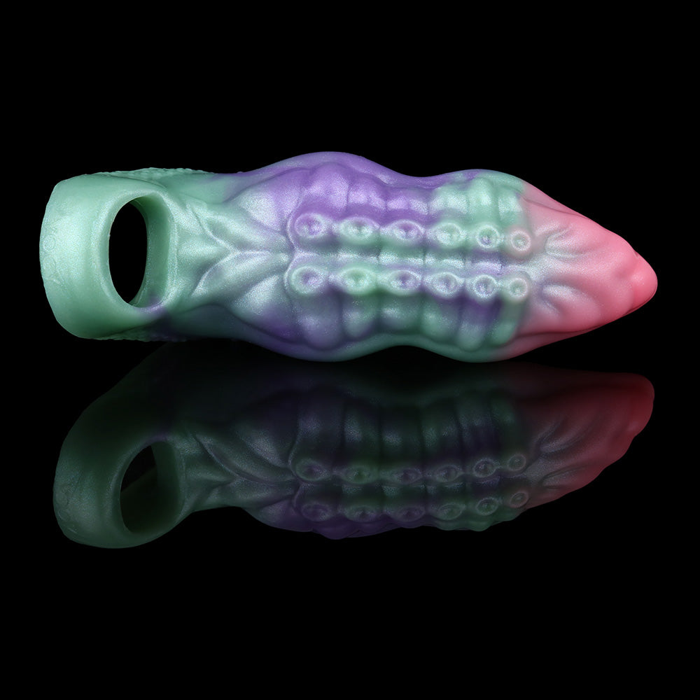 Octopus cock sheath, side view, hollow opening end, pastel purple/teal with bumps