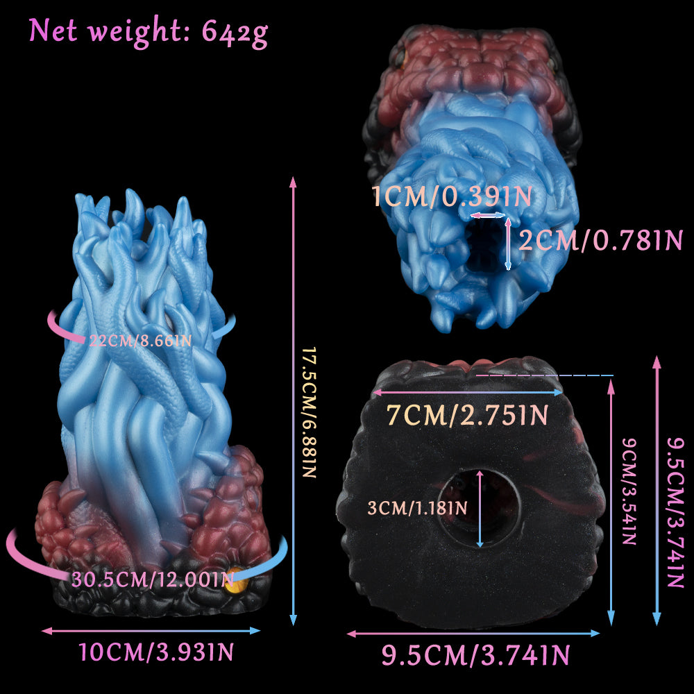 Two-tone silicone toy with blue and maroon textures, size diagram with net weight 642g