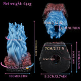 Two-tone silicone toy with blue and maroon textures, size diagram with net weight 642g