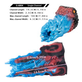 Two-tone silicone toy product dimensions on white background; blue ridged front, maroon end