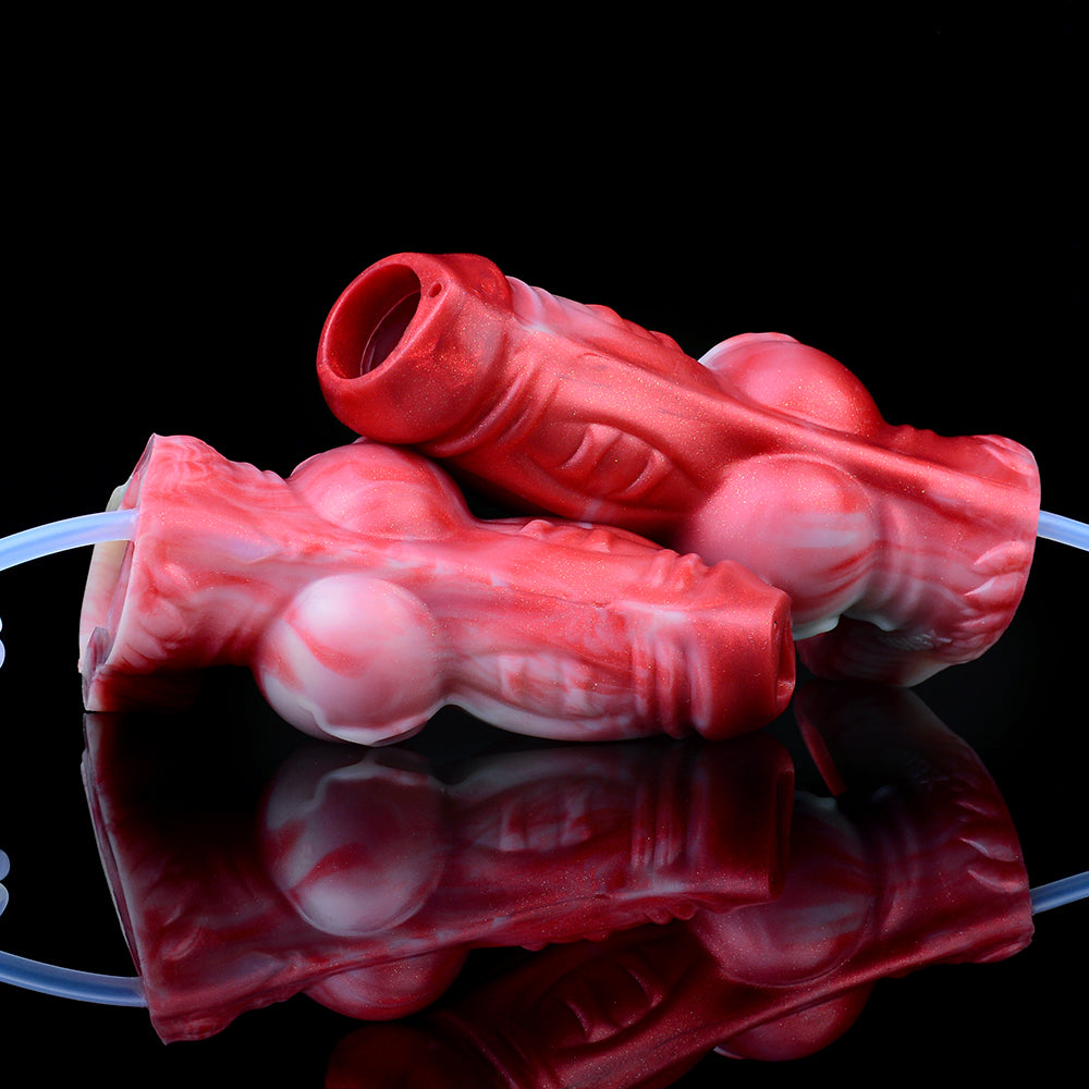 Scarlet Wyrm Sheath Extender, seitliche Ansicht, rot-weißes Schaftdesign, Squirting