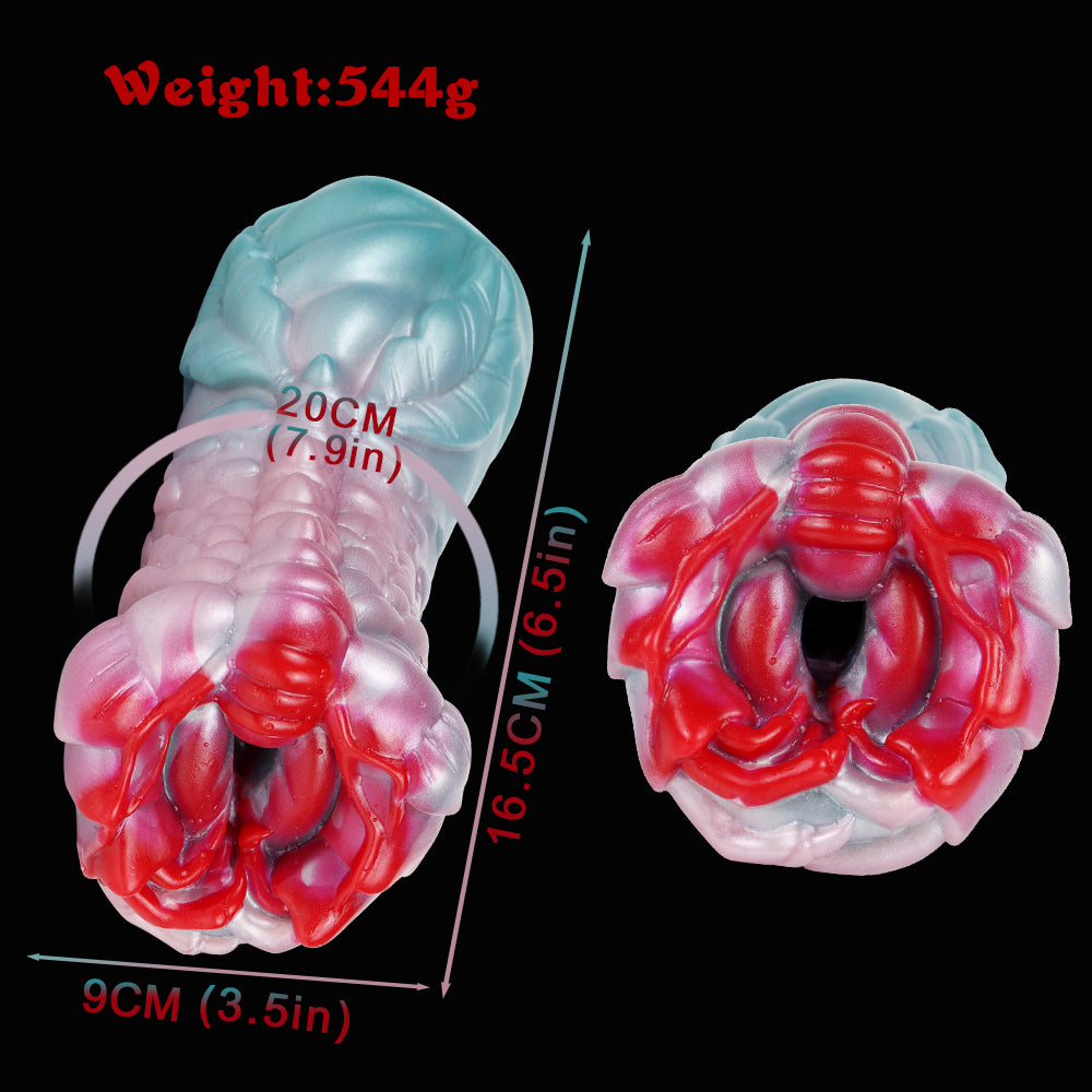 Dragon fantasy masturbator, teal and pink, with red inner opening; size shown