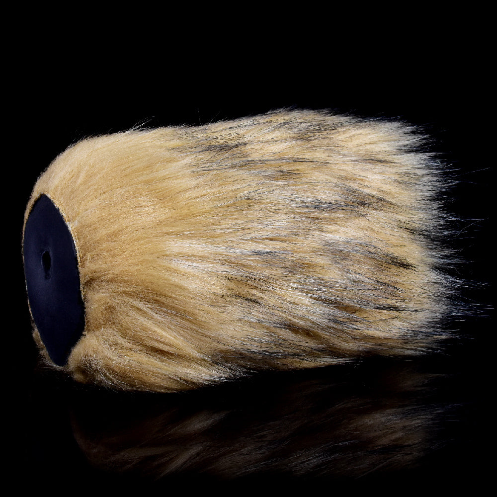 Furry two-hole stroker, side view: tan plush body with dark end opening