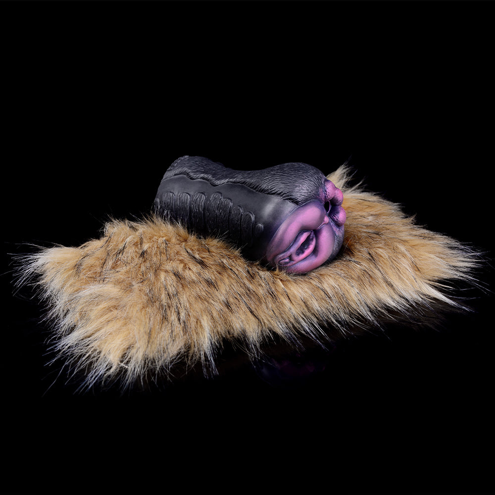 Furry two-hole stroker, open end with dark insert and twin openings, tan plush cover