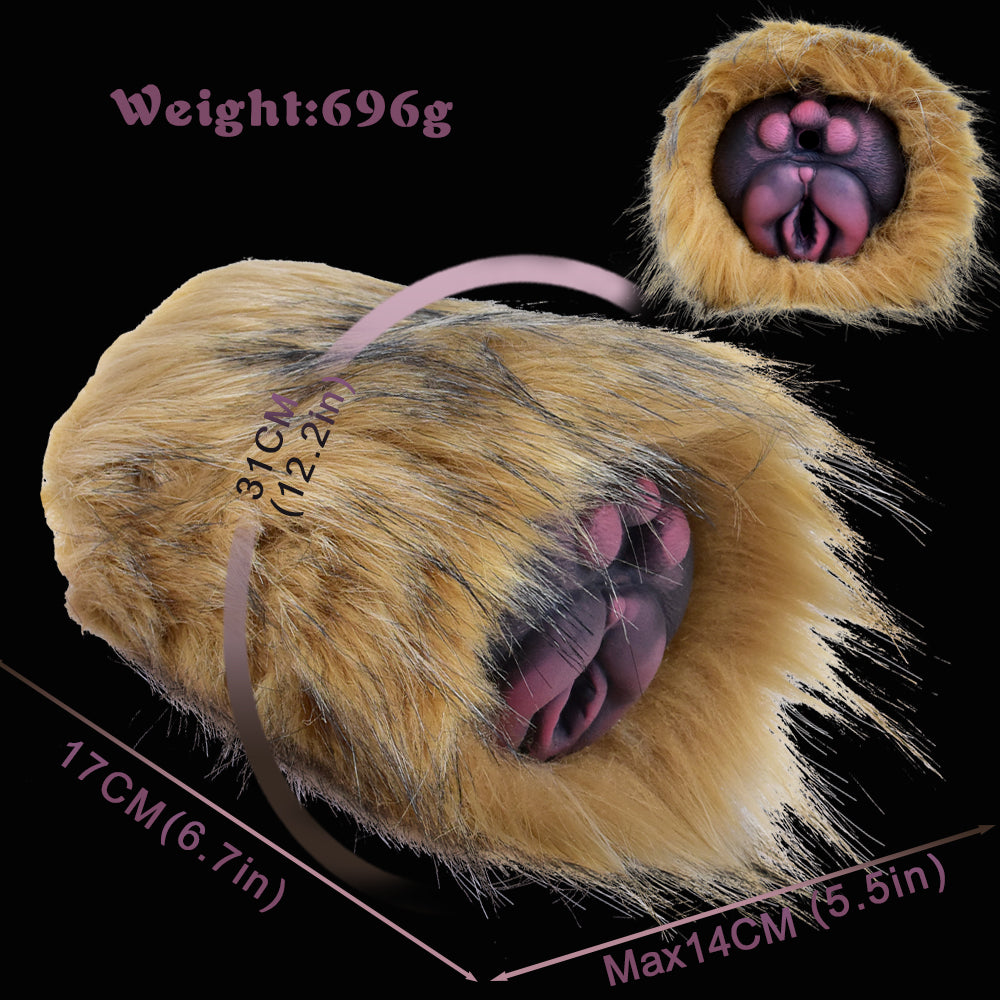 Furry two-hole stroker, tan plush; approx. 14cm max length, 69g weight (graphic)