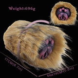 Furry two-hole stroker, tan plush; approx. 14cm max length, 69g weight (graphic)
