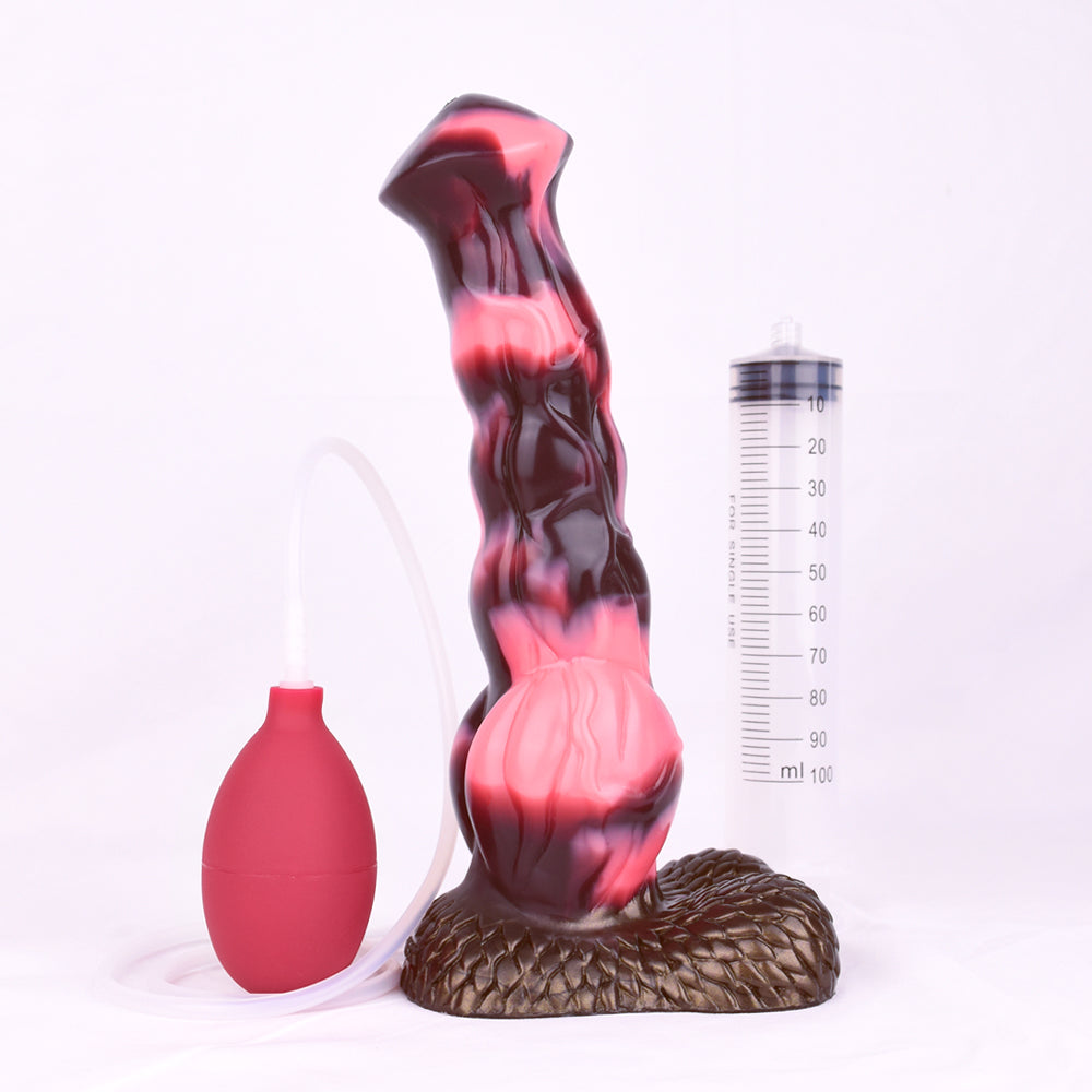 Pferde-Dildo mit Messbecher und roter Pumpe, rot-schwarzer Glanz, Schlauch