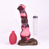 Pferde-Dildo mit Messbecher und roter Pumpe, rot-schwarzer Glanz, Schlauch
