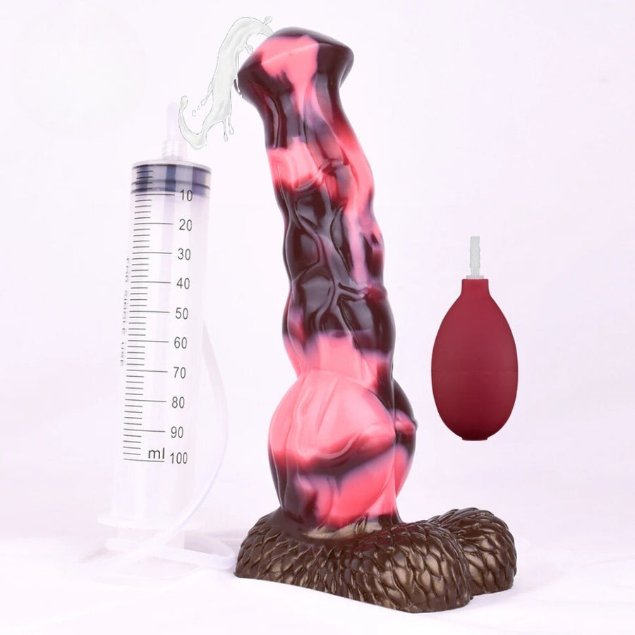 Horse-shaped adult sex toy with red marbled body, textured base, measuring cup and bulb pump