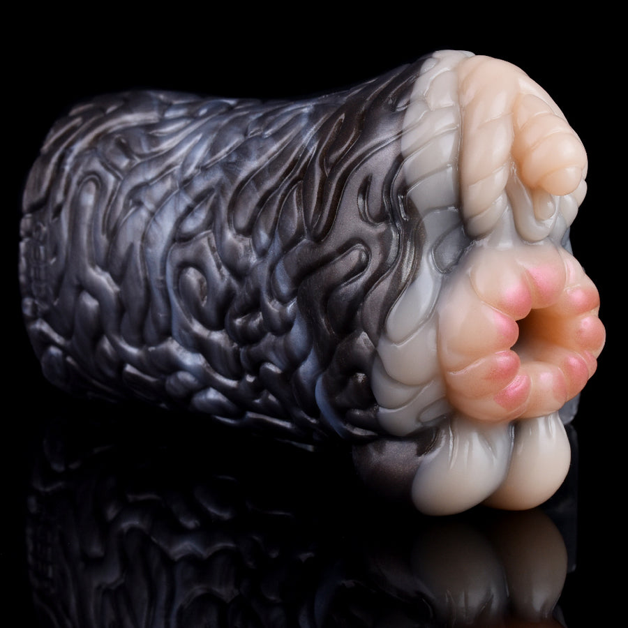 Realistic animal-themed fleshlight with dark textured sleeve and pale rounded tip detailing