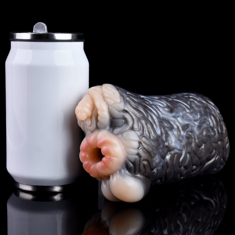 Realistic animal fleshlight with open belly area and dark gray molded texture
