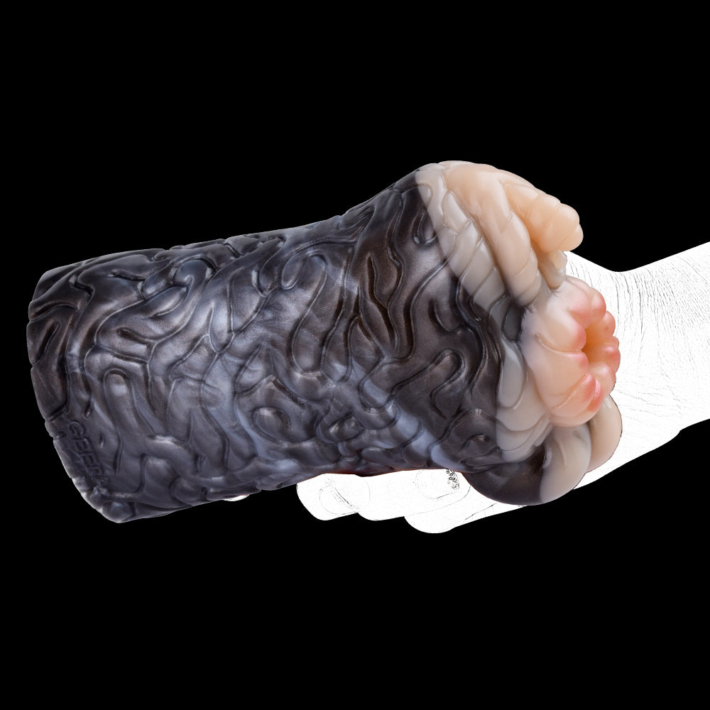 Realistic animal fleshlight, long dark gray textured body with light paw tips