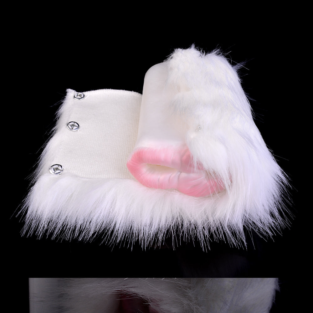 White plush dual-hole fleshlight with stitched fabric cuff and pink interior
